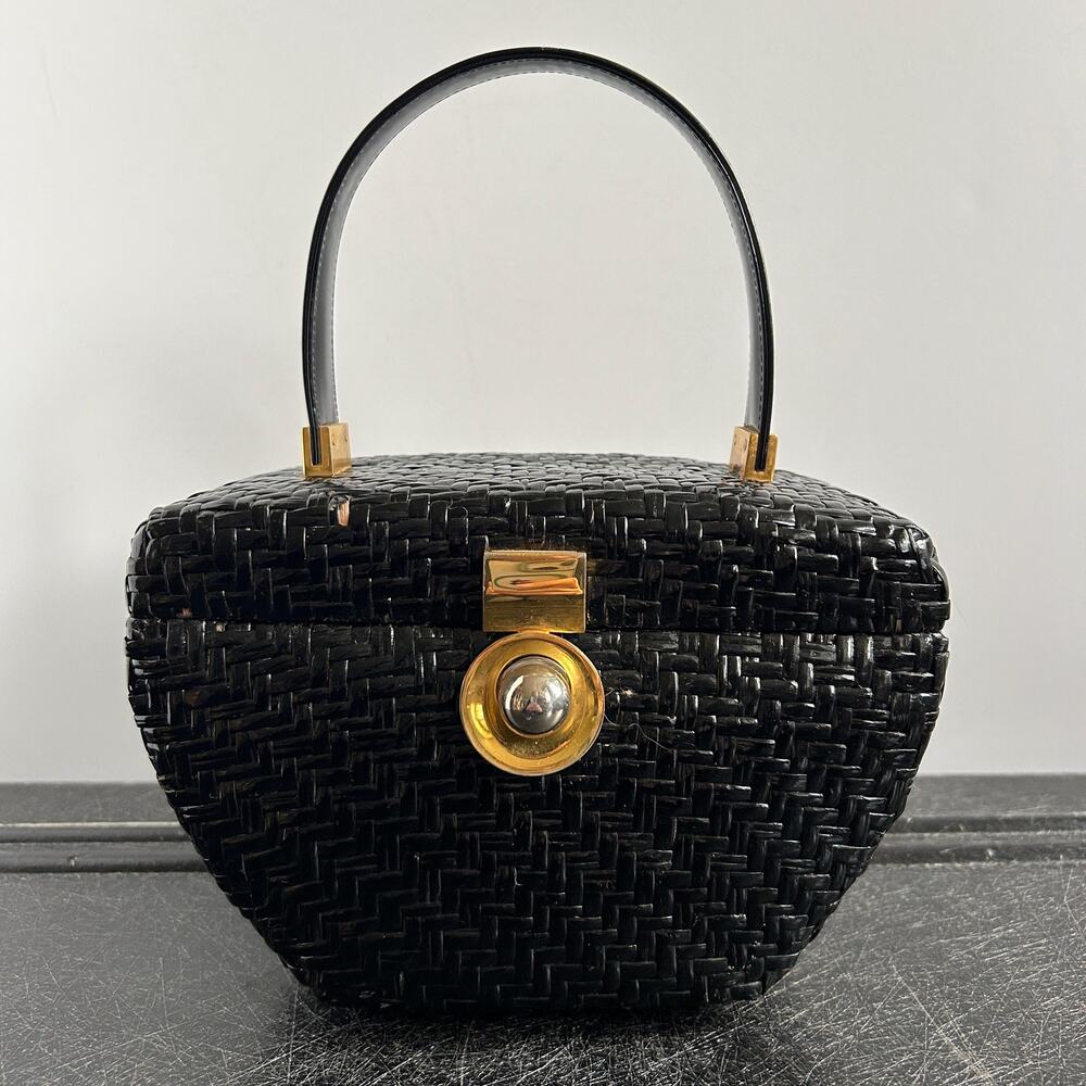 Vintage 50s Koret Black Wicker + Gold Hardware Footed Woven Basket Bag